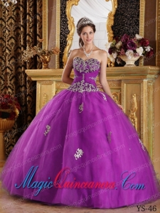 Fuchsia Ball Gown Sweetheart Floor-length Appliques Tulle Cute Quinceanera Dress