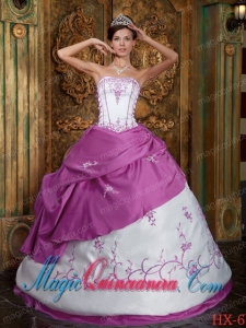 Fuchsia and White Cheap Strapless Embroidery Satin Quinceanera Dress