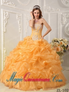 Gold Ball Gown Strapless Floor-length Organza Beading Best Quinceanera Dress