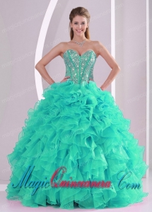 Gorgeous Ball Gown Sweetheart Ruffles and Beaded Quinceanera Gowns in Turquoise