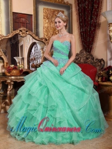 Gorgeous Apple Green Ball Gown Sweetheart Organza Appliques and Ruched Quinceanera Dress
