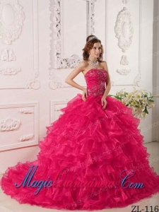 Hot Pink Ball Gown Strapless Ruffles And Embroidery Elegant Quinceanera Dresses