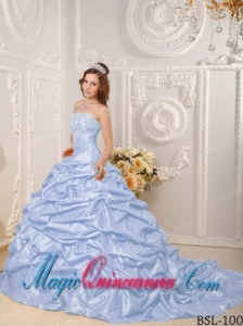 Lilac Ball Gown Strapless Court Train With Appliques and Beading Discount Quinceanera Dresses