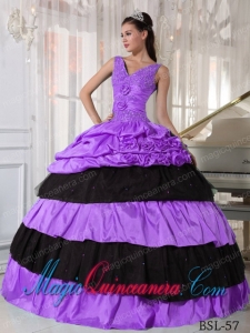Lilac and Black V-neck Floor-length Taffeta Beading Dramatic Quinceanera Dress