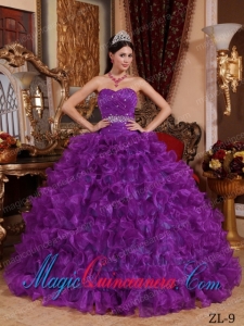 Purple Ball Gown Sweetheart Organza Cheap Quinceanera Dress with Beading