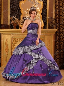 Purple Strapless Ball Gown Taffeta Embroidery Cheap Quinceanera Dress