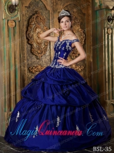 Royal Blue Ball Gown Off The Shoulder Floor-length Taffeta Appliques Cute Quinceanera Dress