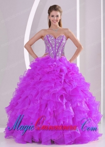 Ruffles and Beading Sweetheart Gorgeous Quinceanera Gowns in Fuchsia