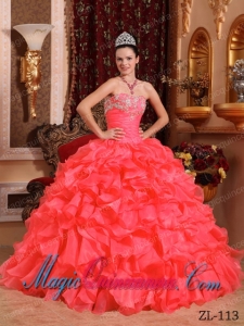 Sweet Ball Gown Strapless Beading and Appliques Quinceanera Dress in Coral Red