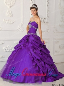 A-Line Sweetheart Purple Taffeta and Tulle Appliques with Beading Fashion Quinceanera Dress