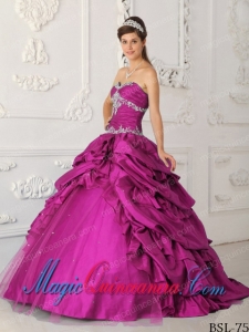 A-Line Sweetheart Taffeta and Tulle Appliques with Beading Fashion Quinceanera Dress in Fuchsia