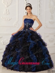 Ball Gown Strapless Beading Quinceanera Dress in Blue and Black