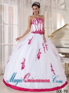 Ball Gown Strapless Floor-length Red and White Appliques Dramatic Quinceanera Dress