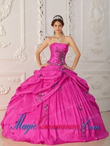 Ball Gown Strapless Gorgeous Taffeta Appliques Quinceanera Dress in Hot Pink