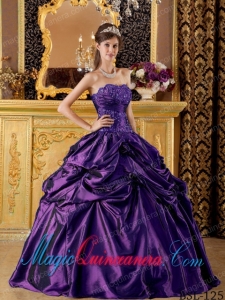 Ball Gown Strapless Taffeta Appliques Elegant Quinceanera in Purple Dress