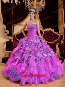 Ball Gown Sweetheart Beading Leopard and Organza Quinceanera Dress in Fuchsia