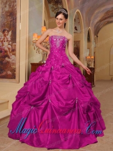 Beading and Embroidery Fuchsia Ball Gown Strapless Taffeta Fashion Quinceanera Dress