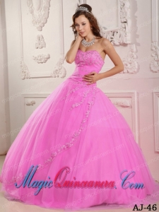 Beautiful Ball Gown Sweetheart Floor-length Tulle Appliques Rose Pink Discount Quinceanera Dresses