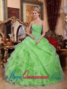 Beautiful Discount Spring Green Ball Gown Sweetheart With Appliques and Ruched Quinceanera Dress