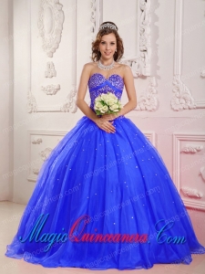 Blue A-Line / Princess Sweetheart Floor-length Satin and Organza Beading Dramatic Quinceanera Dress