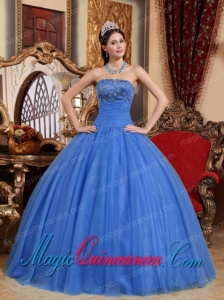 Blue Ball Gown Strapless Floor-length Tulle Embroidery with Beading Dramatic Quinceanera Dress