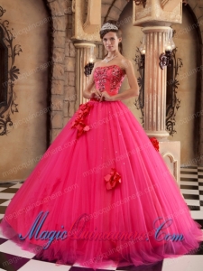 Coral Red Ball Gown Strapless Floor-length Satin and Tulle Beading Dramatic Quinceanera Dress