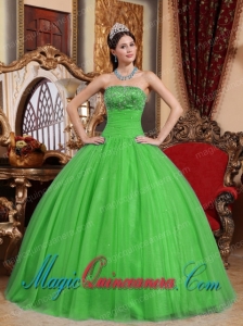 Discount Green Ball Gown Strapless Floor-length Tulle Embroidery with Beading Quinceanera Dress