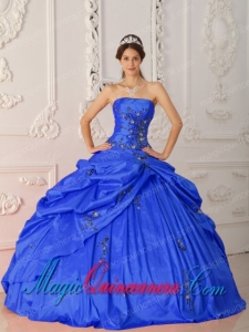 Discount Quinceanera Dresses In Blue Ball Gown Strapless With Taffeta Appliques