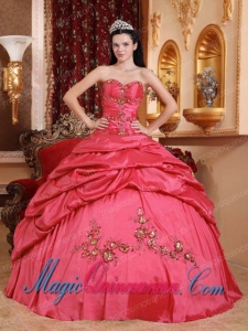 Discount Quinceanera Dresses In Coral Red Ball Gown Sweetheart With Taffeta Appliques