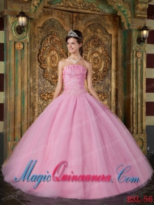 Discount Quinceanera Dresses In Rose Pink Ball Gown Strapless With Appliques Tulle
