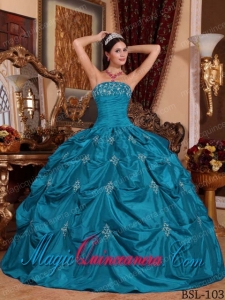 Discount Quinceanera Dresses In Teal Ball Gown Strapless With Taffeta Appliques