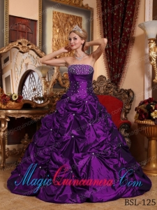 Eggplant Purple A-line Strapless Floor-length Taffeta Beading Dramatic Quinceanera Dress