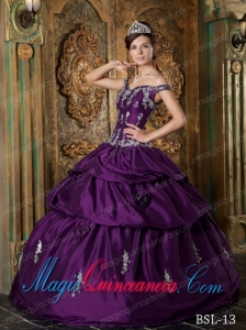 Eggplant Purple Ball Gown Off The Shoulder Taffeta Appliques Elegant Quinceanera Dresses