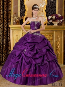 Eggplant Purple Ball Gown Strapless Floor-length Taffeta Appliques Dramatic Quinceanera Dress