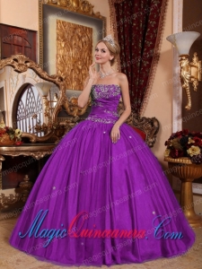 Eggplant Purple Ball Gown Strapless Floor-length Taffeta and Tulle Appliques Discount Quinceanera Dresses