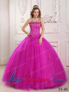 Elegant Ball Gown Strapless Floor-length Tulle Beading In Fuchsia Discount Quinceanera Dresses