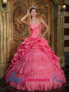 Elegant Coral Red Ball Gown Sweetheart Taffeta and Tulle Lace Appliques Quinceanera Dress