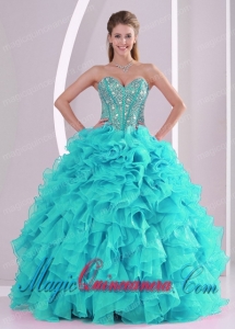 Elegant Turquoise Ball Gown Sweetheart Ruffles and Beaded Decorate Dramatic Quinceanera Dress in Sweet 16