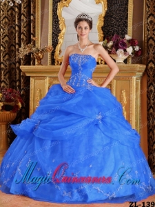Fashion Blue Ball Gown Strapless Organza Appliques Quinceanera Dress