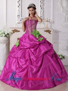 Fuchsia Ball Gown Strapless Gorgeous Taffeta Quinceanera Dress with Beading and Hand Made Flowers