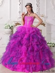 Fuchsia Ball Gown Sweetheart Floor-length Satin and Organza Embroidery Dramatic Quinceanera Dress