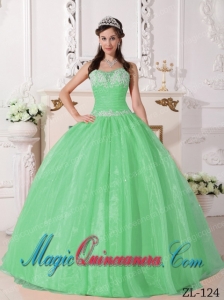 Gorgeous Apple Green Strapless Ball Gown Taffeta and Organza Appliques Quinceanera Dress