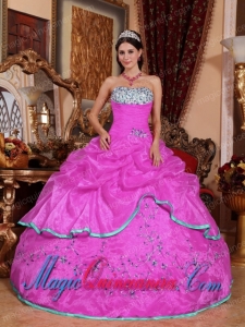 Gorgeous Ball Gown Strapless Hot Pink Organza Appliques Quinceanera Dress