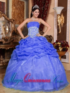 Gorgeous Blue Ball Gown Strapless Organza Appliques Quinceanera Dress