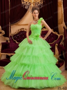 Green A-line / Princess One Shoulder Floor-length Ruffles Fashion Quinceanera Dress