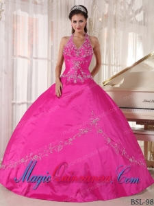 Hot Pink Ball Gown Halter Floor-length Taffeta Appliques Dramatic Quinceanera Dress