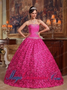 Hot Pink Ball Gown Strapless Floor-length Fabric With Roling Flowers Appliques Dramatic Quinceanera Dress