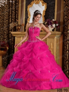 Hot Pink Ball Gown Strapless Floor-length Pick-ups Tulle Dramatic Quinceanera Dress