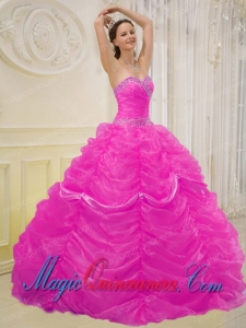 Hot Pink Ball Gown Sweetheart Floor-length Organza Beading Dramatic Quinceanera Dress