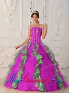 Hot Pink and Green Ball Gown Strapless Gorgeous Appliques Quinceanera Dress with Beading